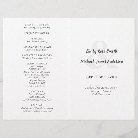 Programme de mariage classique Ordre de service Bl (Devant)