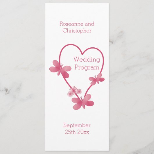 Programme De Mariage Coeur Rose Et Papillons (Devant)