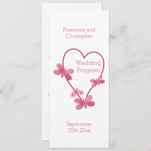Programme De Mariage Coeur Rose Et Papillons (Devant / Derrière)
