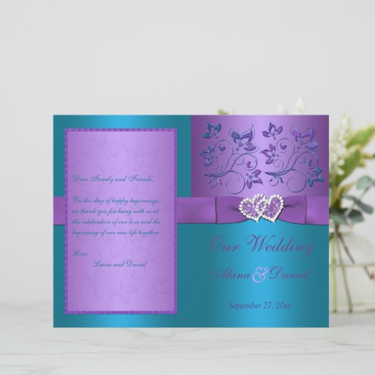 Programme de mariage | Coeurs floraux violets et t (Debout devant)