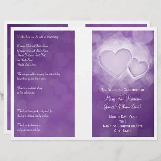 Programme de mariage Coeurs modernes pourpre (Devant / Derrière)