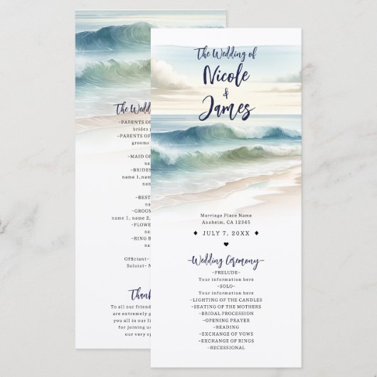 Programme de mariage côtier aux vagues de plage à  (Devant / Derrière)