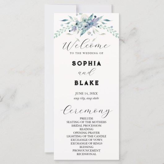 Programme de mariage crème floral bleu et vert élé (Devant)