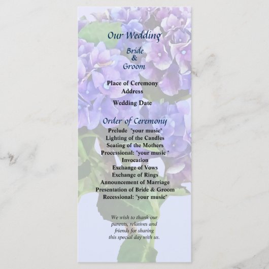 Programme de mariage Dainty Blue Hydrangea (Devant)