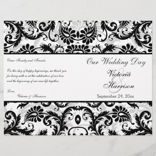 Programme de Mariage damassé Florale Noir, Blanc,  (Devant)