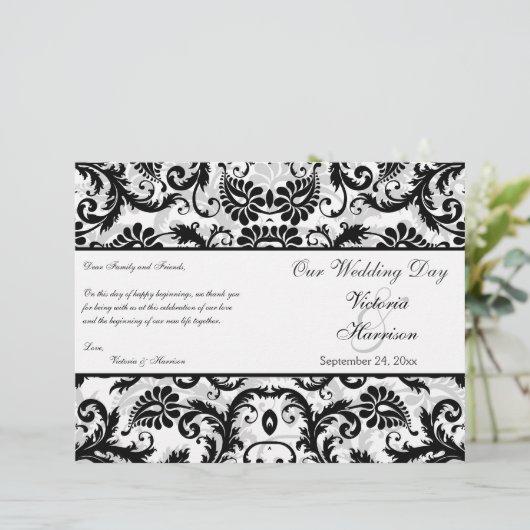 Programme de Mariage damassé Florale Noir, Blanc,  (Debout devant)