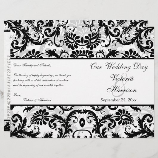 Programme de Mariage damassé Florale Noir, Blanc, (Devant / Derrière)