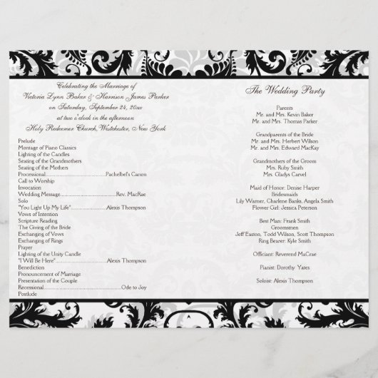 Programme de Mariage damassé Florale Noir, Blanc,  (Dos)