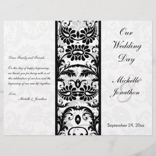 Programme de Mariage damassé Florale Noir, Blanc,  (Devant)