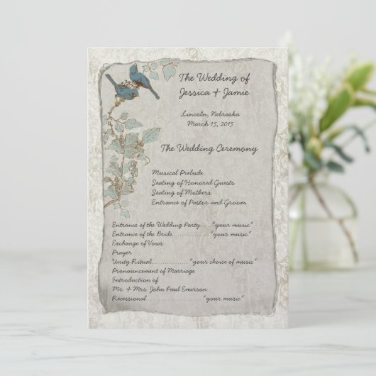 Programme de mariage damassé oiseaux sarcelle vint (Debout devant)
