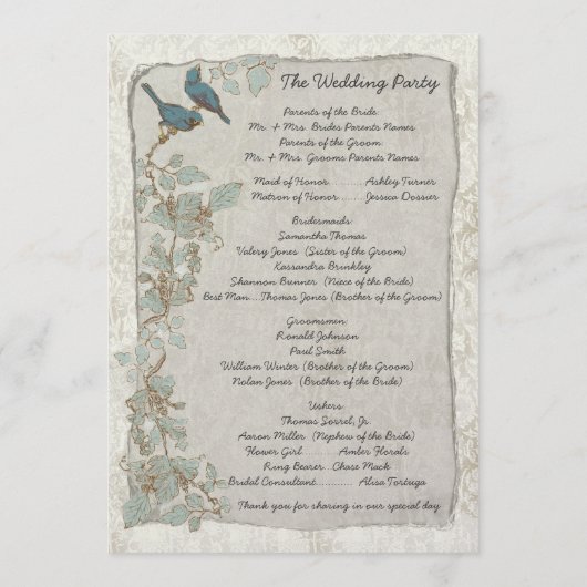 Programme de Mariage damassé pour les oiseaux Turq (Dos)