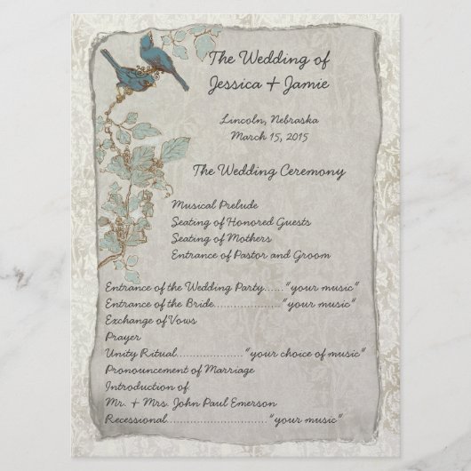 Programme de Mariage damassé pour les oiseaux Turq (Devant)