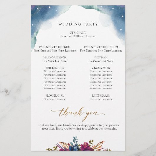 Programme de mariage d'aquarelle de nuit céleste (Dos)