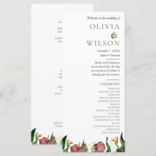 Programme de mariage d'aquarelle de verdure tropic (Devant / Derrière)