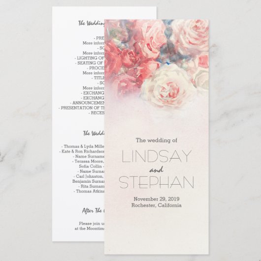 Programme de mariage d'aquarelle rose et rose (Devant / Derrière)