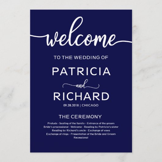 Programme de mariage de bienvenue Calligraphie ble (Devant)