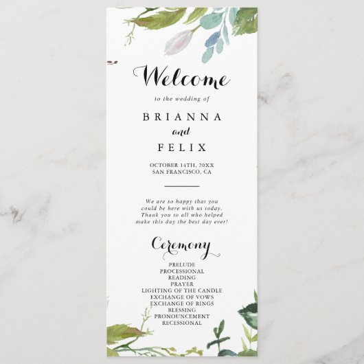 Programme de mariage de calligraphie tropicale ver (Devant)