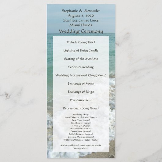 Programme de mariage de destination, thème de plag (Dos)