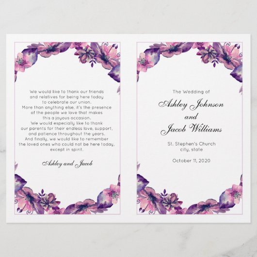 Programme de mariage de fleurs. Cérémonie de l'égl (Devant)