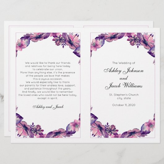 Programme de mariage de fleurs. Cérémonie de l'égl (Devant / Derrière)