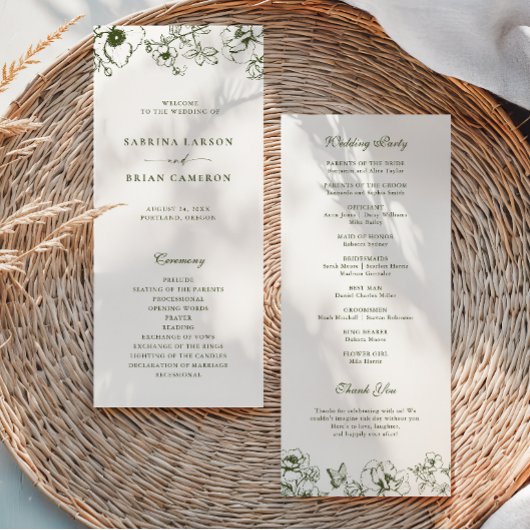 Programme de mariage de jardin floral vert olive é