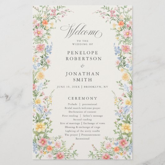 Programme de mariage de jardin orné de pastel doux (Devant)