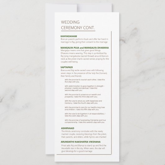 PROGRAMME DE MARIAGE DE LA CÉRÉMONIE HINDU (Dos)