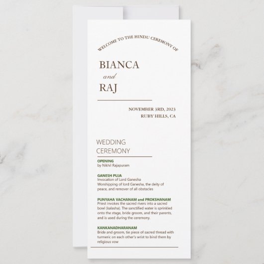 PROGRAMME DE MARIAGE DE LA CÉRÉMONIE HINDU (Devant)