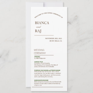 PROGRAMME DE MARIAGE DE LA CÉRÉMONIE HINDU