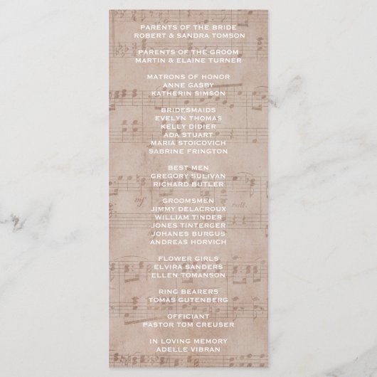 Programme de mariage de la feuille de musique vint (Dos)