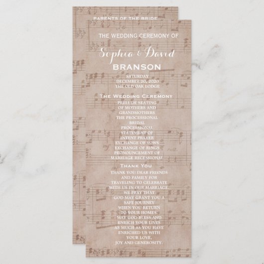 Programme de mariage de la feuille de musique vint (Devant / Derrière)