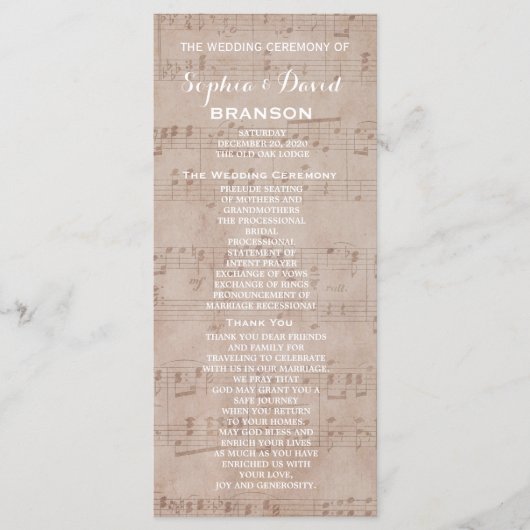 Programme de mariage de la feuille de musique vint (Devant)