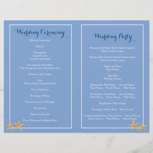 Programme de mariage de la plage de la paire Starf (Dos)