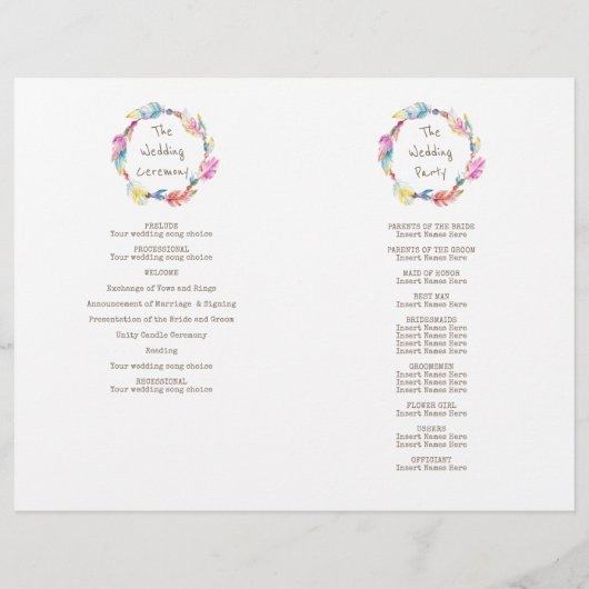 Programme de mariage de la plume de boho d'aquarel (Dos)