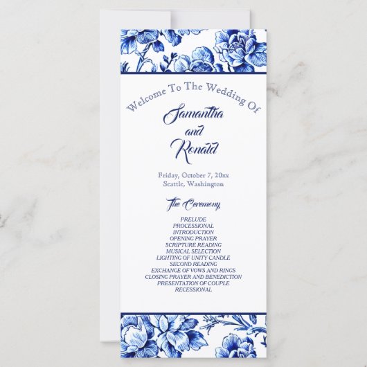 Programme de mariage de la toile florale bleue et (Devant)