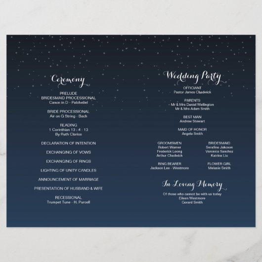 Programme de mariage de nuit bleu étoile de la Mar (Dos)