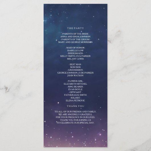 Programme de mariage de nuit étoilé céleste (Dos)