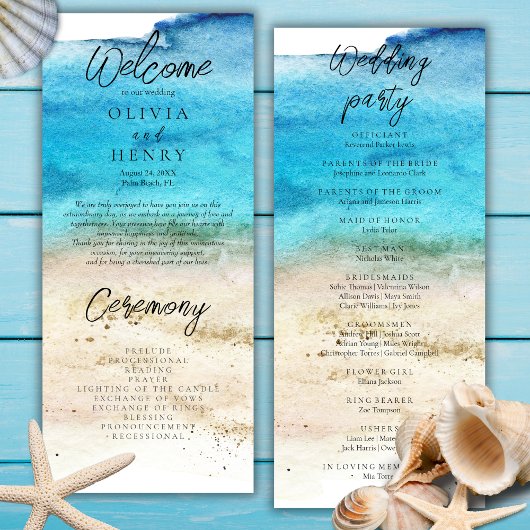 Programme de mariage de plage à l'aquarelle bleue