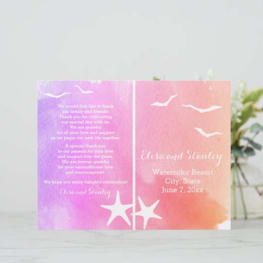 Programme de mariage de plage rose et violet (Debout devant)