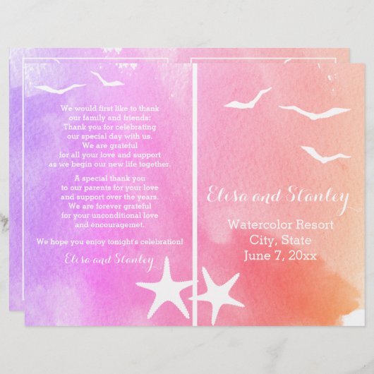 Programme de mariage de plage rose et violet (Devant / Derrière)