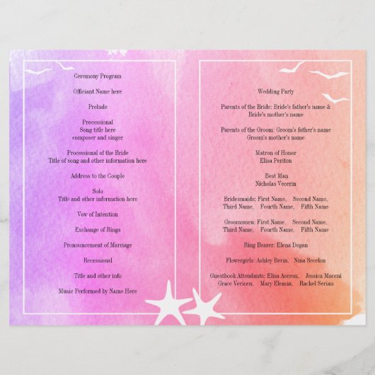 Programme de mariage de plage rose et violet (Dos)