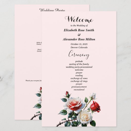 Programme de mariage de roses blanches et roses ro (Devant / Derrière)