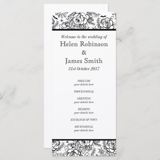 Programme de mariage de tatouage floral monochrome (Devant / Derrière)