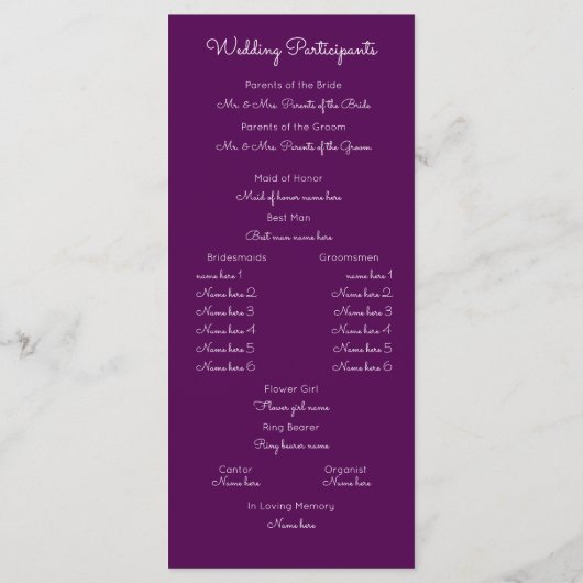 Programme de mariage de texte élégant (Dos)