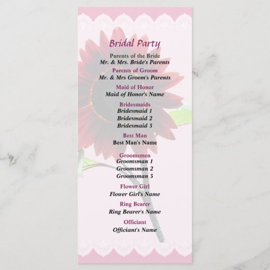 Programme de mariage de tournesol cerise et chocol (Dos)