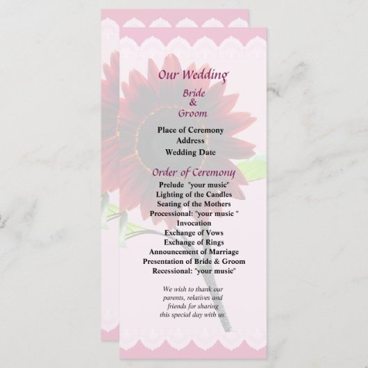 Programme de mariage de tournesol cerise et chocol (Devant / Derrière)