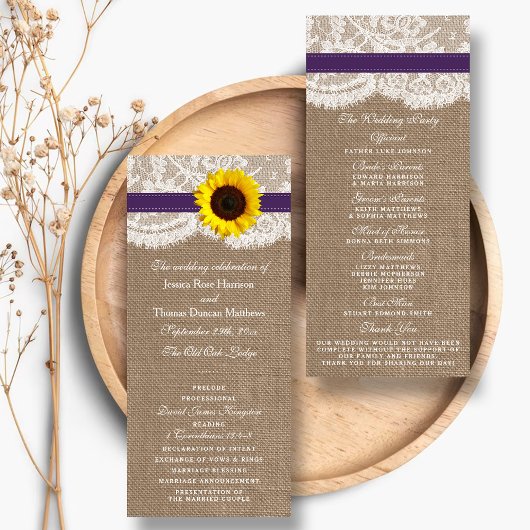 Programme de mariage de tournesol violet rustique