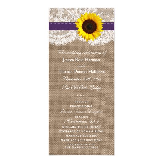 Programme de mariage de tournesol violet rustique (Devant)