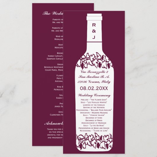 Programme de mariage de vignoble (Devant / Derrière)