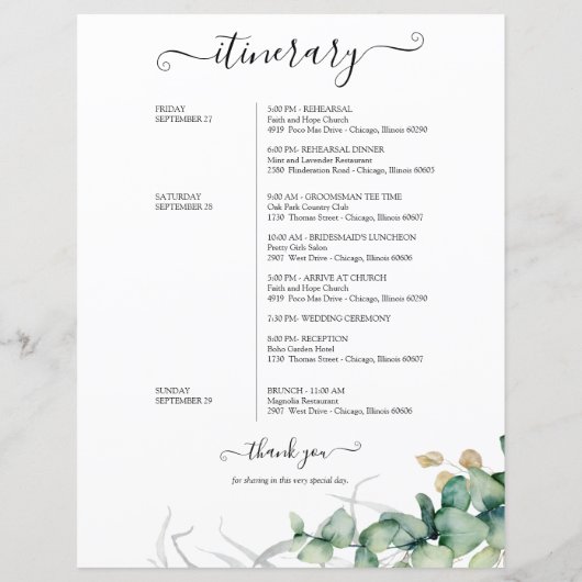Programme de mariage de week-end verdure Eucalyptu (Dos)